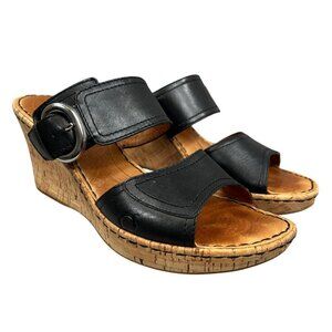 Born Black Cork-Wrapped Leather Wedge Slip-On Buckle Sandal Size 9